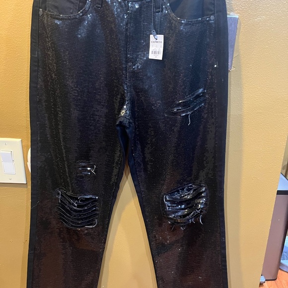 Express Distress Black Sequin High Rise Straight Ankle Jeans Women’s. Size 2R - Picture 6 of 10